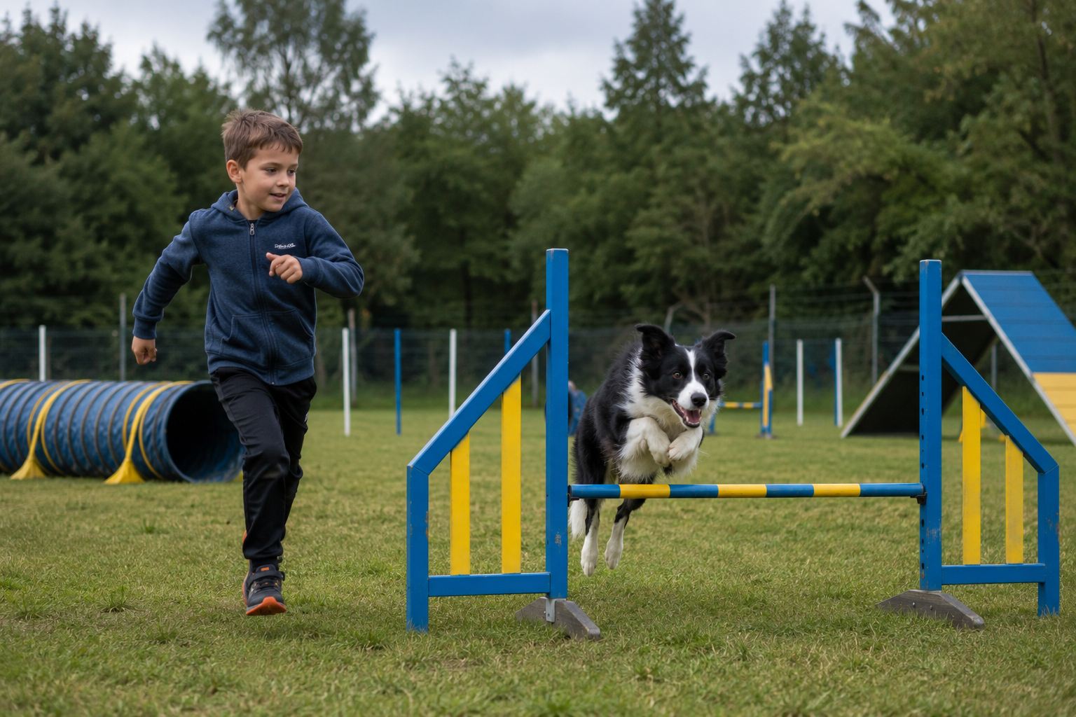 Kind en hond op het behendigheidsparcours